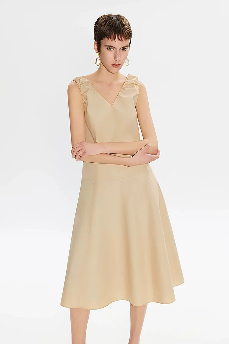 Women's New Khaki Office Sleeveless V-Neck Dress