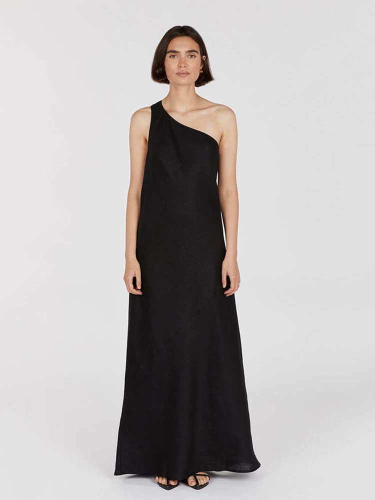 Robe longue décontractée en lin à ourlet asymétrique pour femmes