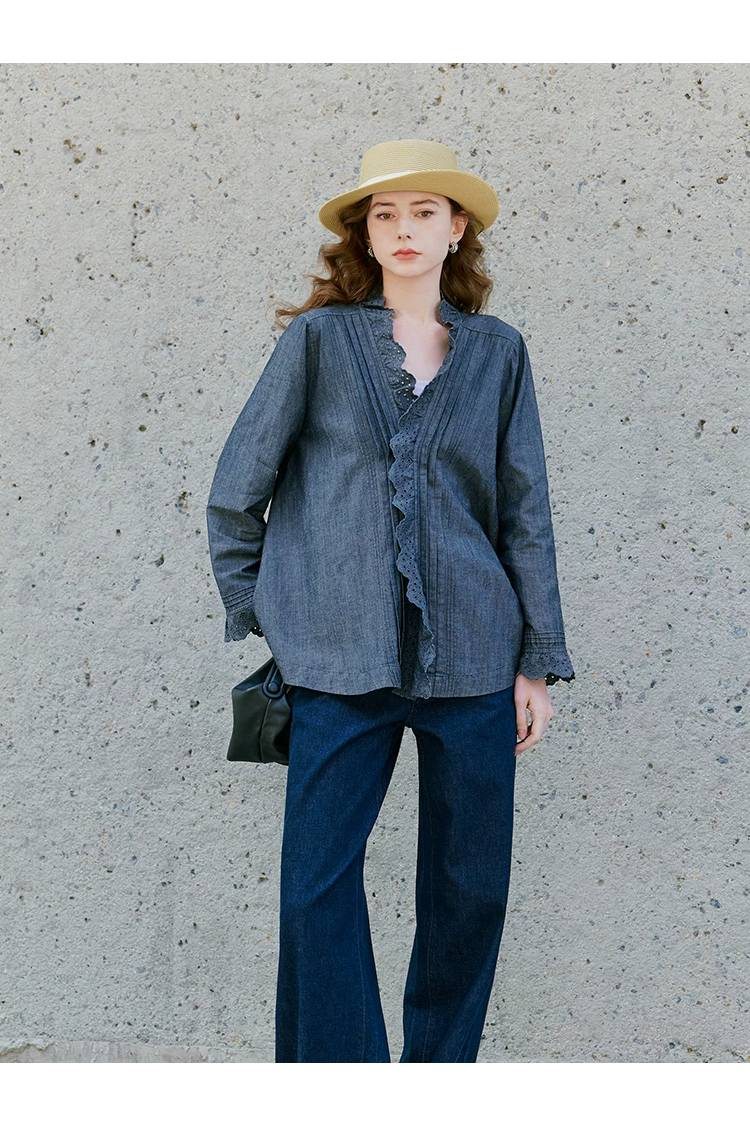 Blouse brodée à manches longues en mélange de lin et de coton pour femme