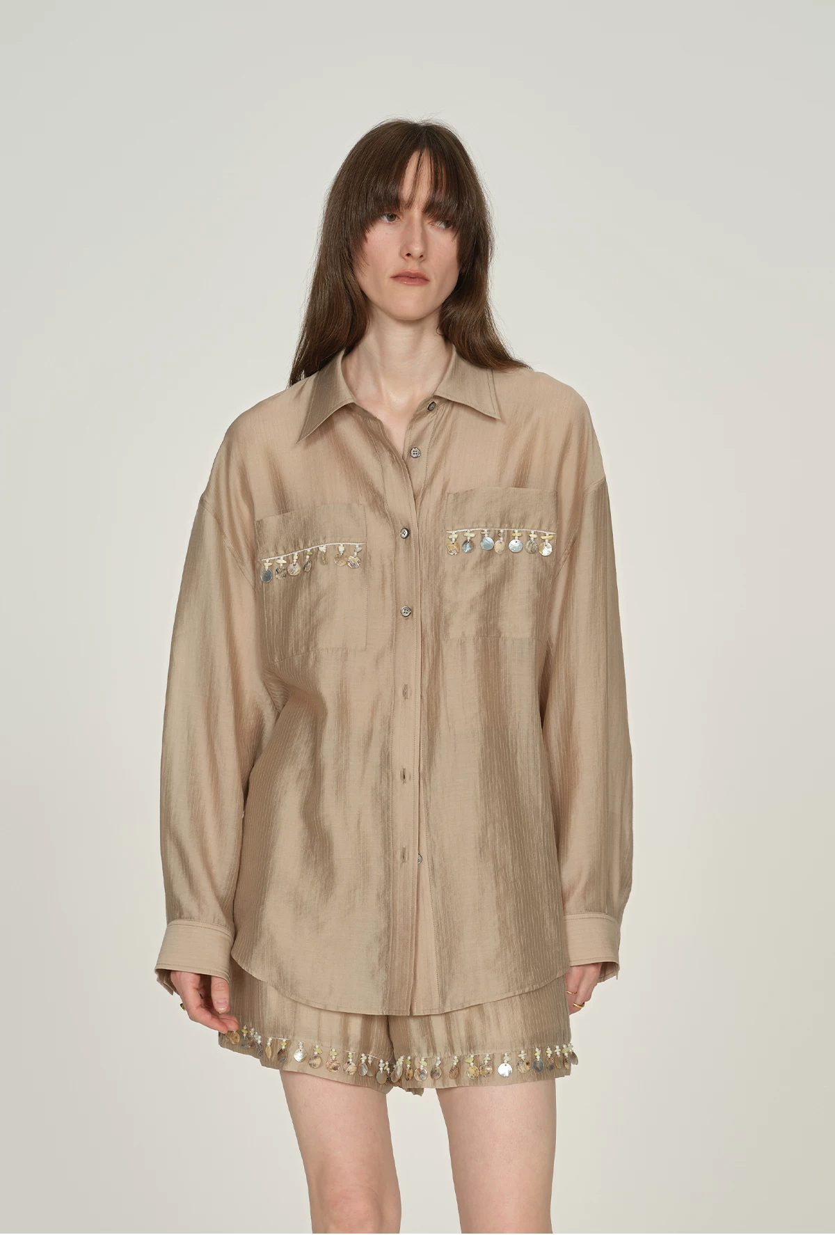 Chemisier Femme Coupe Ample à Manches Longues en Lyocell et Ornement Coquillages
